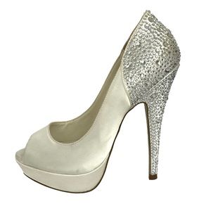 Pink Paradox London Satin Embellished Crystals Peep Toe Heels Pumps